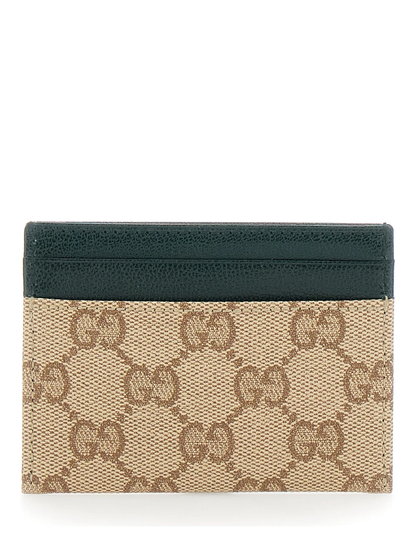 Beige Card holder with four card slots in GG canvas and leather for men