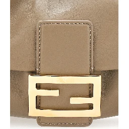 Baguette Soft Beige Small Shoulder bag with FF plate on the Front and Drawstring Closure in Leather for Women