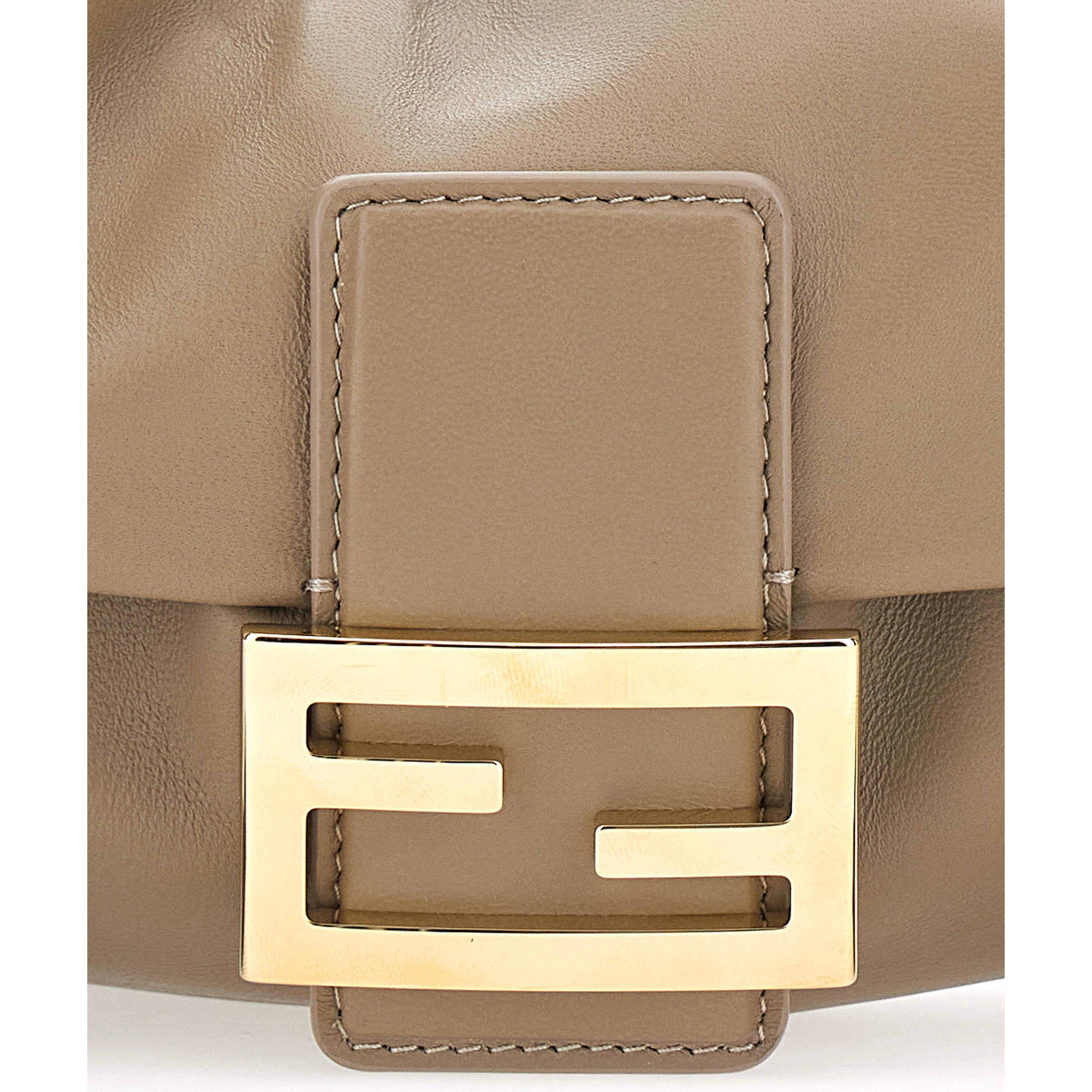 Baguette Soft Beige Small Shoulder bag with FF plate on the Front and Drawstring Closure in Leather for Women