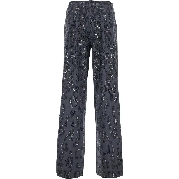 Gray Wide Leg Trousers with Leopard Motif and Rhinestones in Stretch Tech Fabric for Women