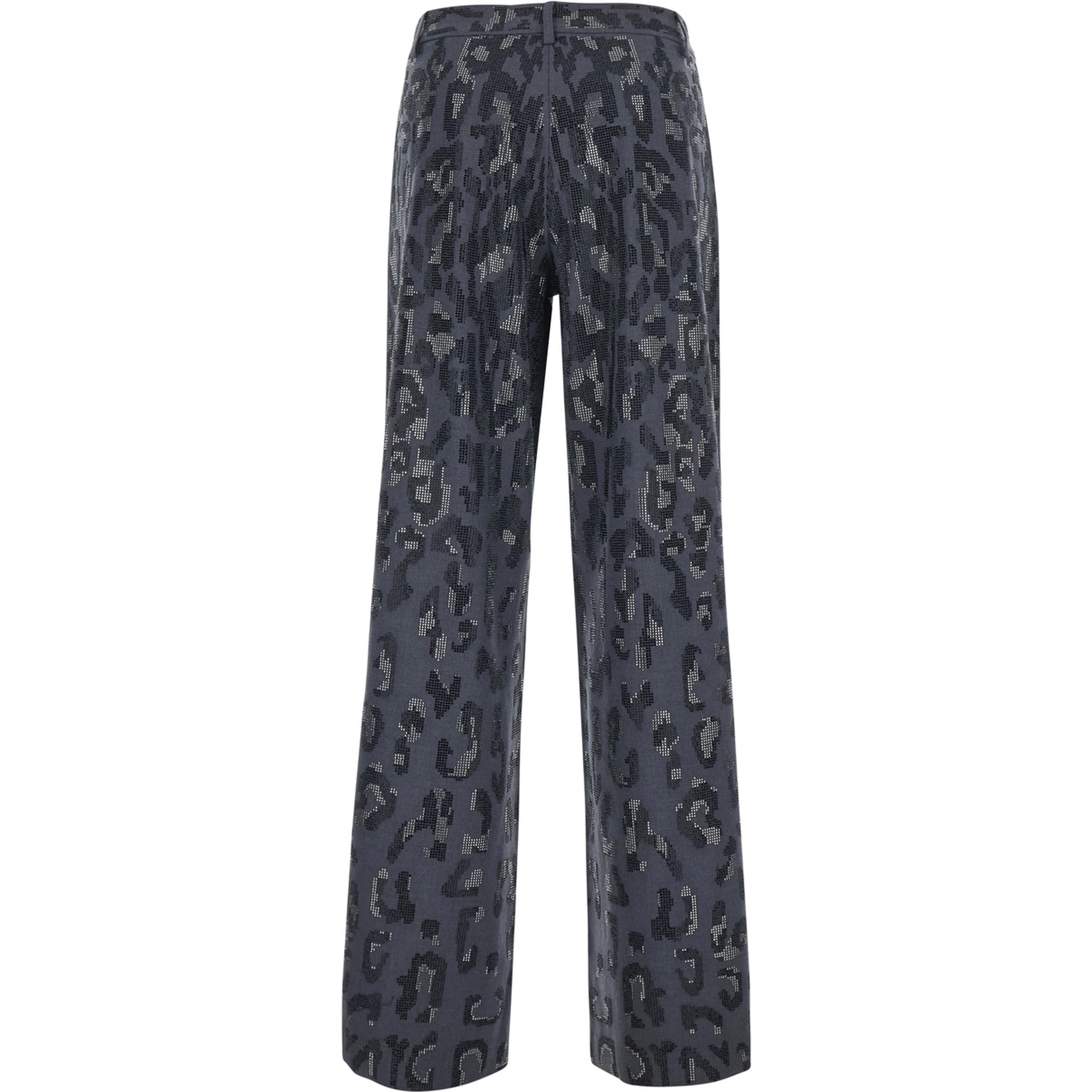 Gray Wide Leg Trousers with Leopard Motif and Rhinestones in Stretch Tech Fabric for Women