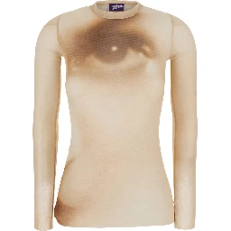 Beige T-Shirt with "Face" Print and Long Sleeves in Tech Fabric for Women