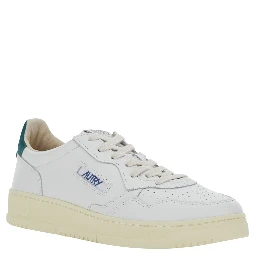 Medalist Low White and Petrol Blue Sneakers with Contrast Heel and Logo in leather for Men