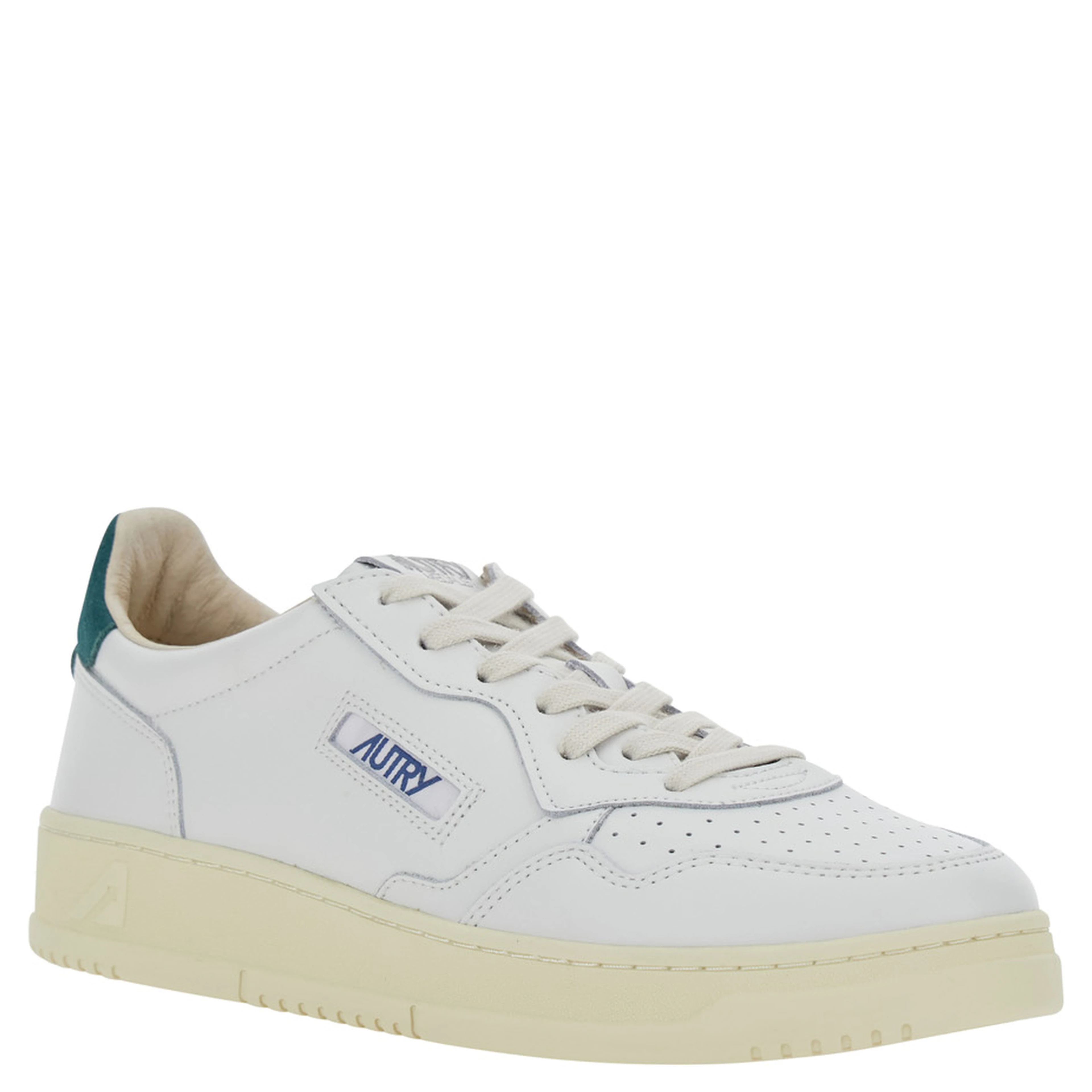 Medalist Low White and Petrol Blue Sneakers with Contrast Heel and Logo in leather for Men