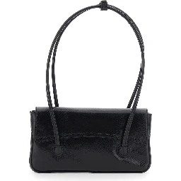 Shoulder Bag with Flap in Black Glossy Leather for Women