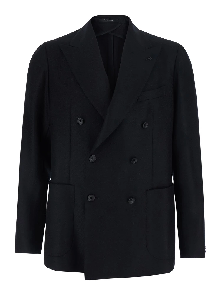 Montecarlo Black double-breasted jacket with Peak revers and pin on the front in wool for men