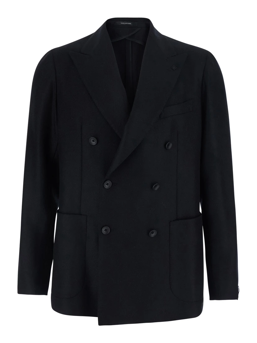 Montecarlo Black double-breasted jacket with Peak revers and pin on the front in wool for men