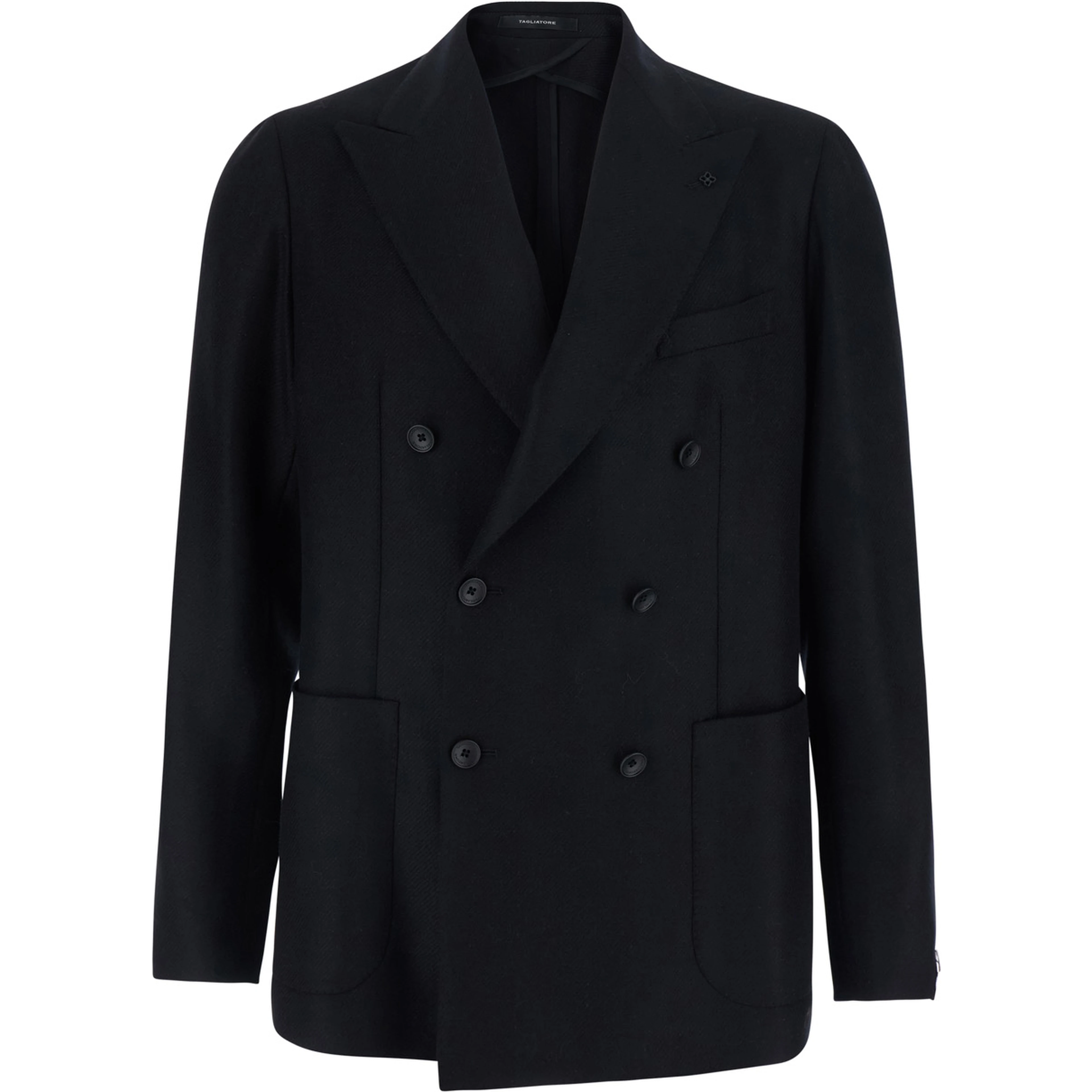 Montecarlo Black double-breasted jacket with Peak revers and pin on the front in wool for men