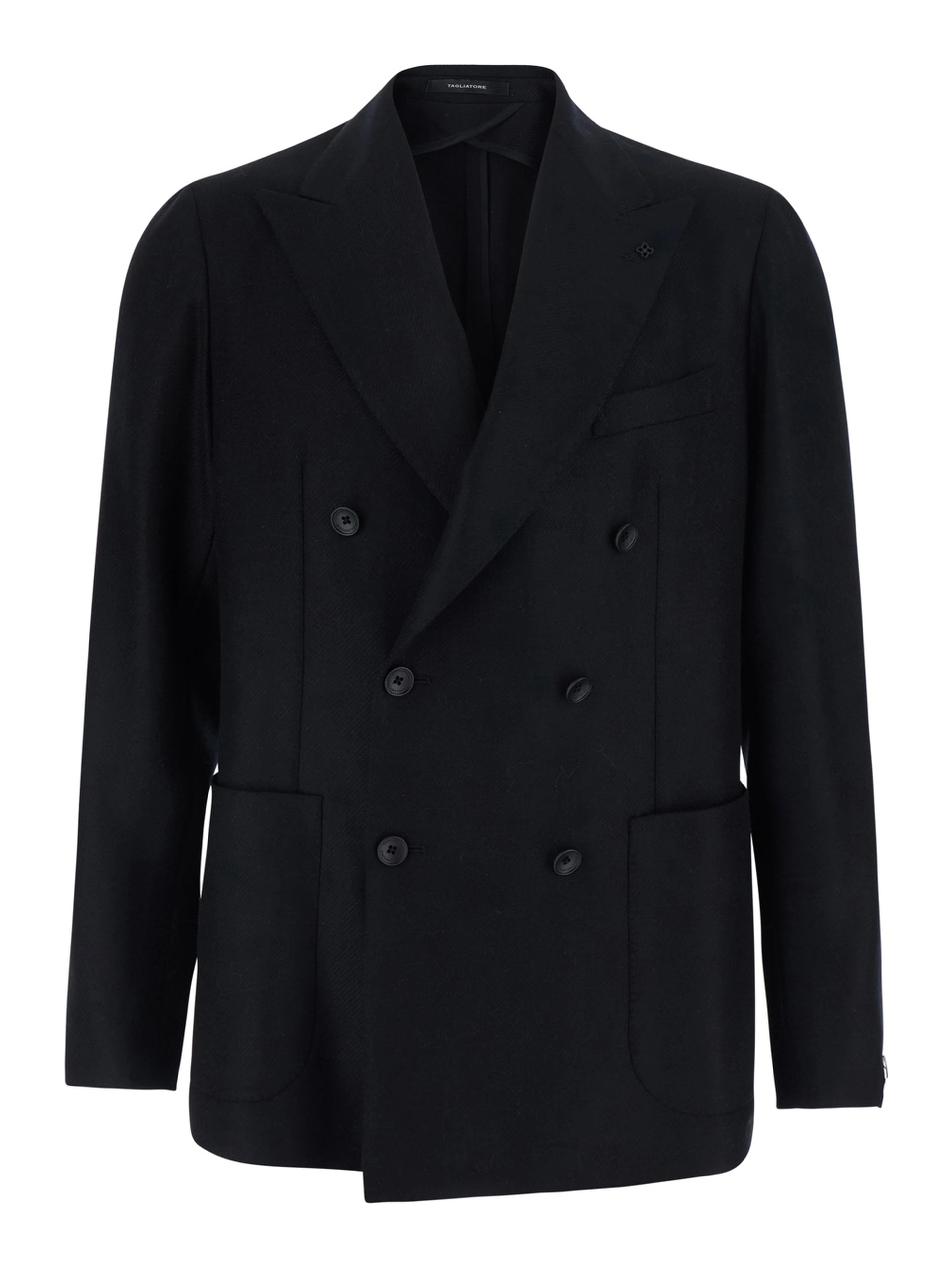 Montecarlo Black double-breasted jacket with Peak revers and pin on the front in wool for men
