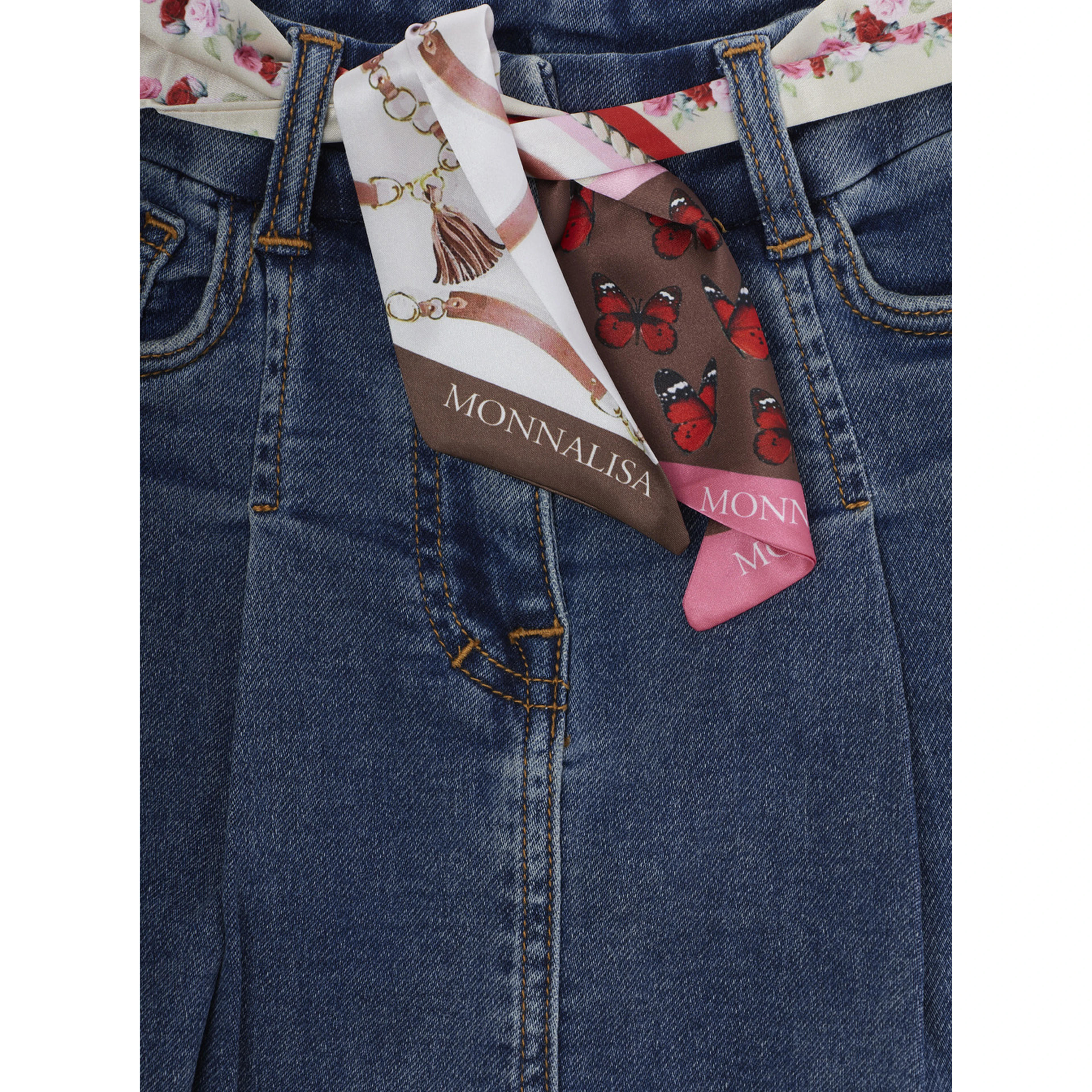 Blue Miniskirt with Fabric Belt and Logo Embroidery on the Back in Denim Girl