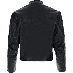 black Jacket with high collar and Web Stripe on the sleeves in leather for men