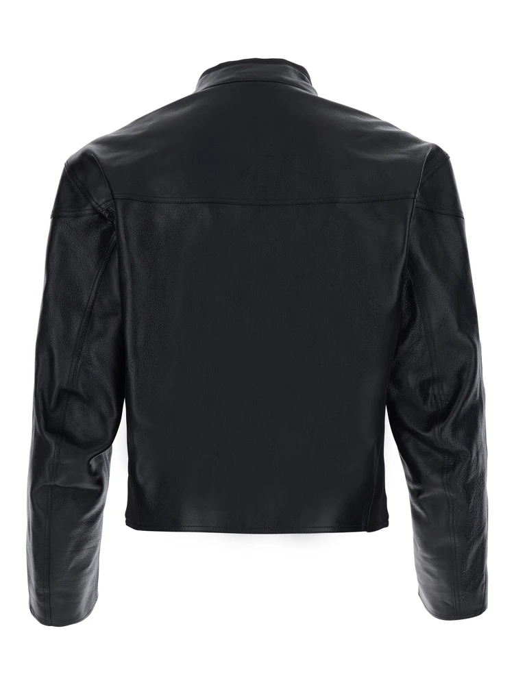 black Jacket with high collar and Web Stripe on the sleeves in leather for men alternative