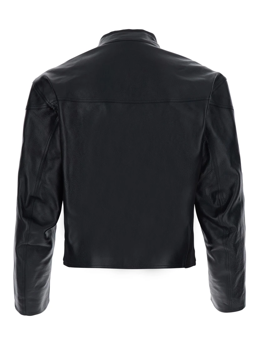 black Jacket with high collar and Web Stripe on the sleeves in leather for men