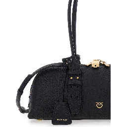 Bowling Horizontal Black handbag with adjustable and removable shoulder strap and Love Birds plate on the front in leather for women