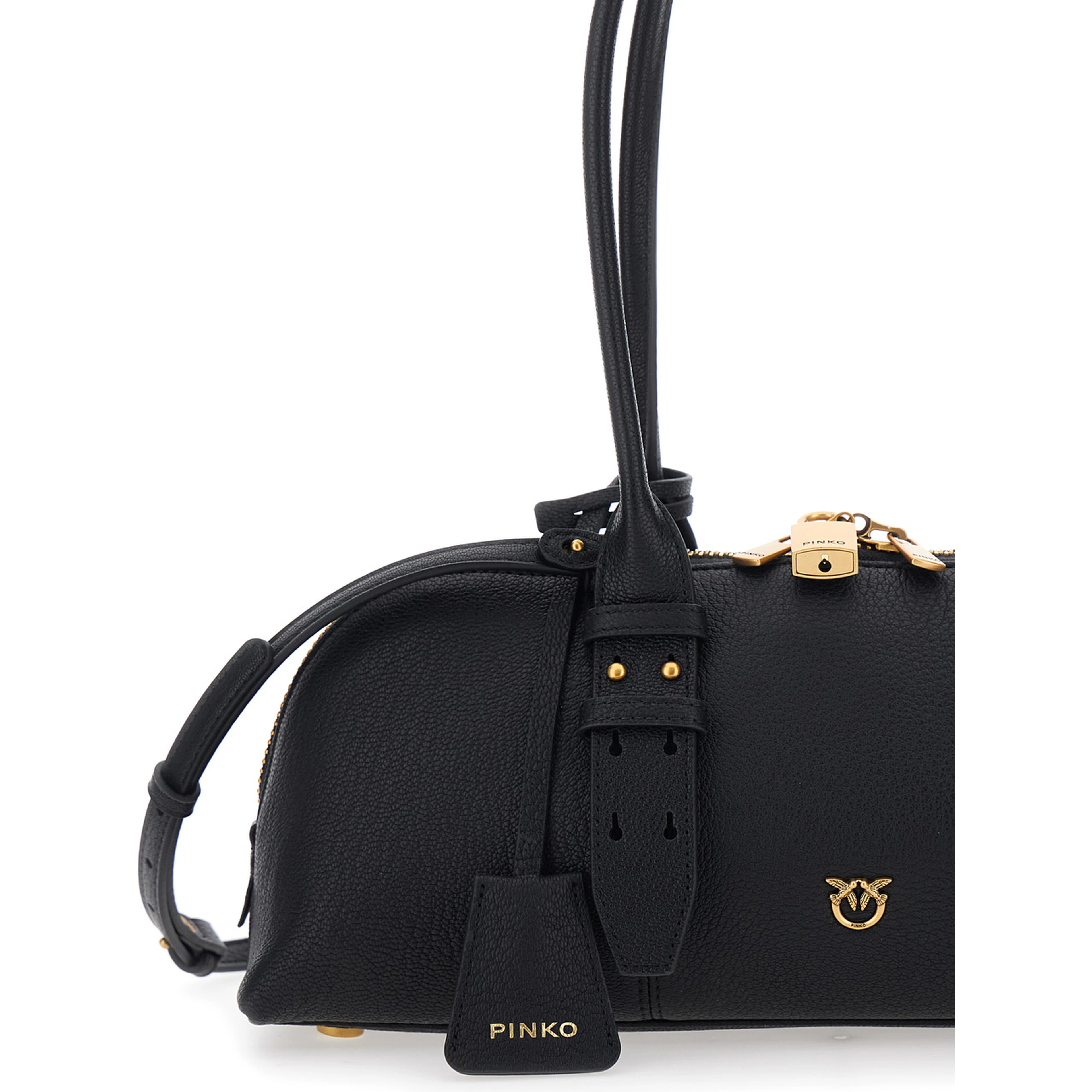 Bowling Horizontal Black handbag with adjustable and removable shoulder strap and Love Birds plate on the front in leather for women