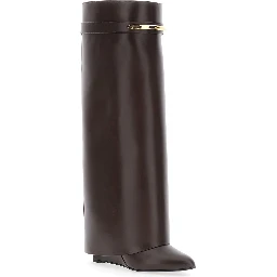 Pointed Toe Wedge Heels with Logo Plate on the Front in Brown Leather for Women