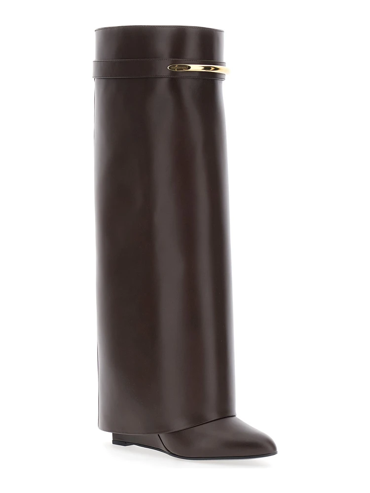 Pointed Toe Wedge Heels with Logo Plate on the Front in Brown Leather for Women alternative