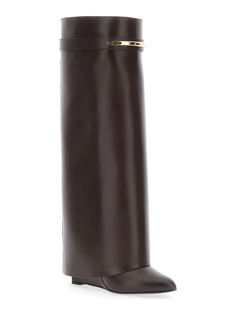 Pointed Toe Wedge Heels with Logo Plate on the Front in Brown Leather for Women