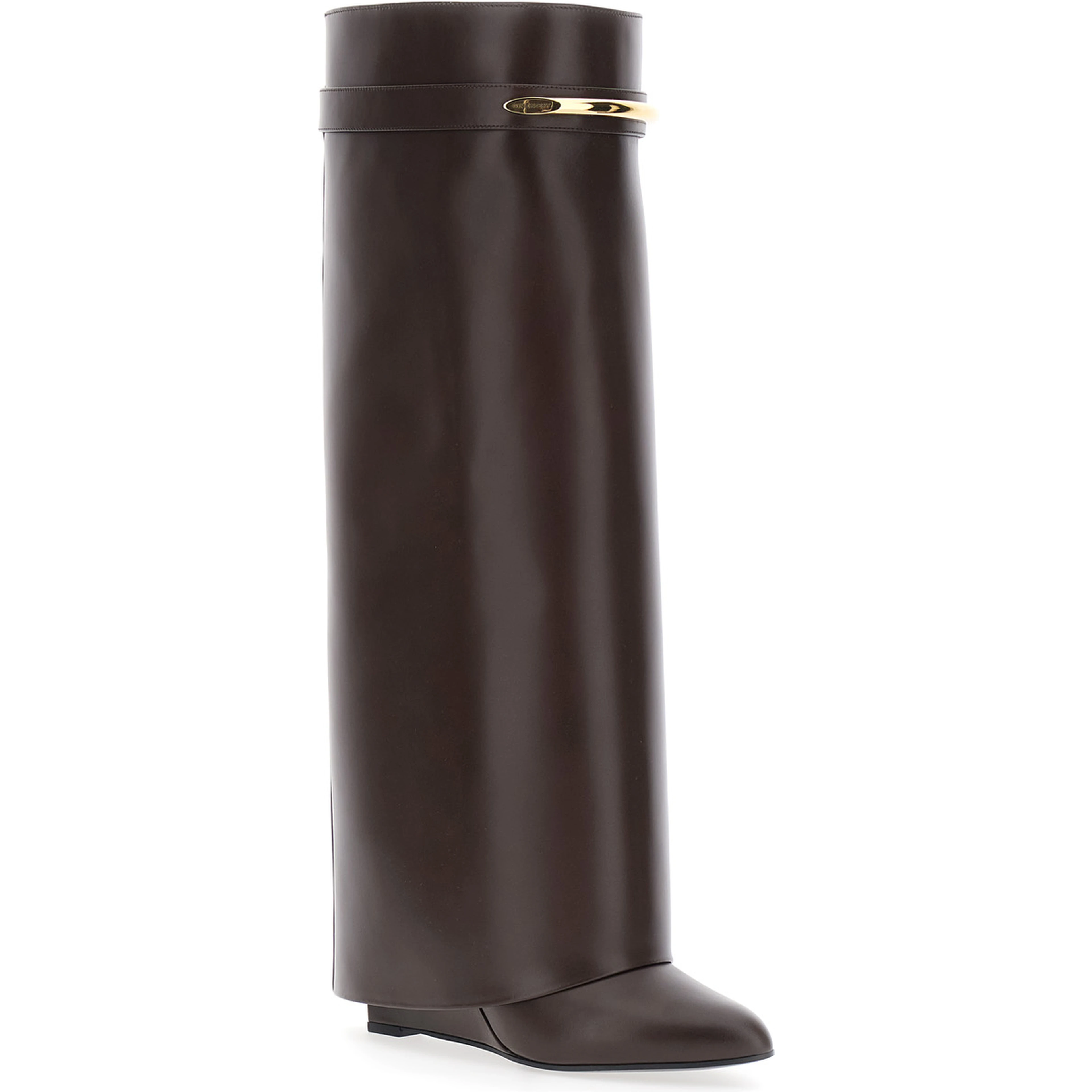 Pointed Toe Wedge Heels with Logo Plate on the Front in Brown Leather for Women