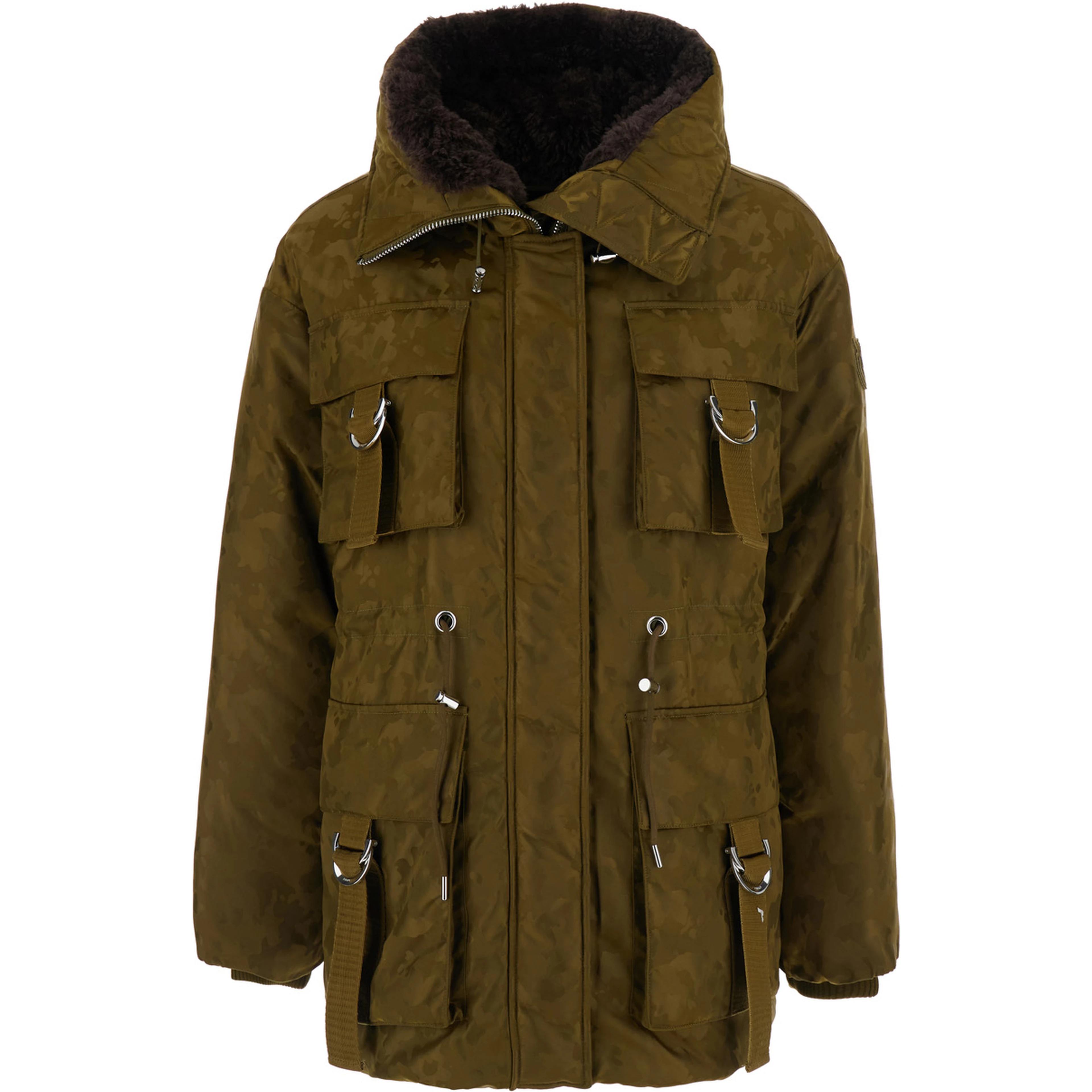 Green Hooded Parka with Patch pockets and straps in Tech Fabric Women
