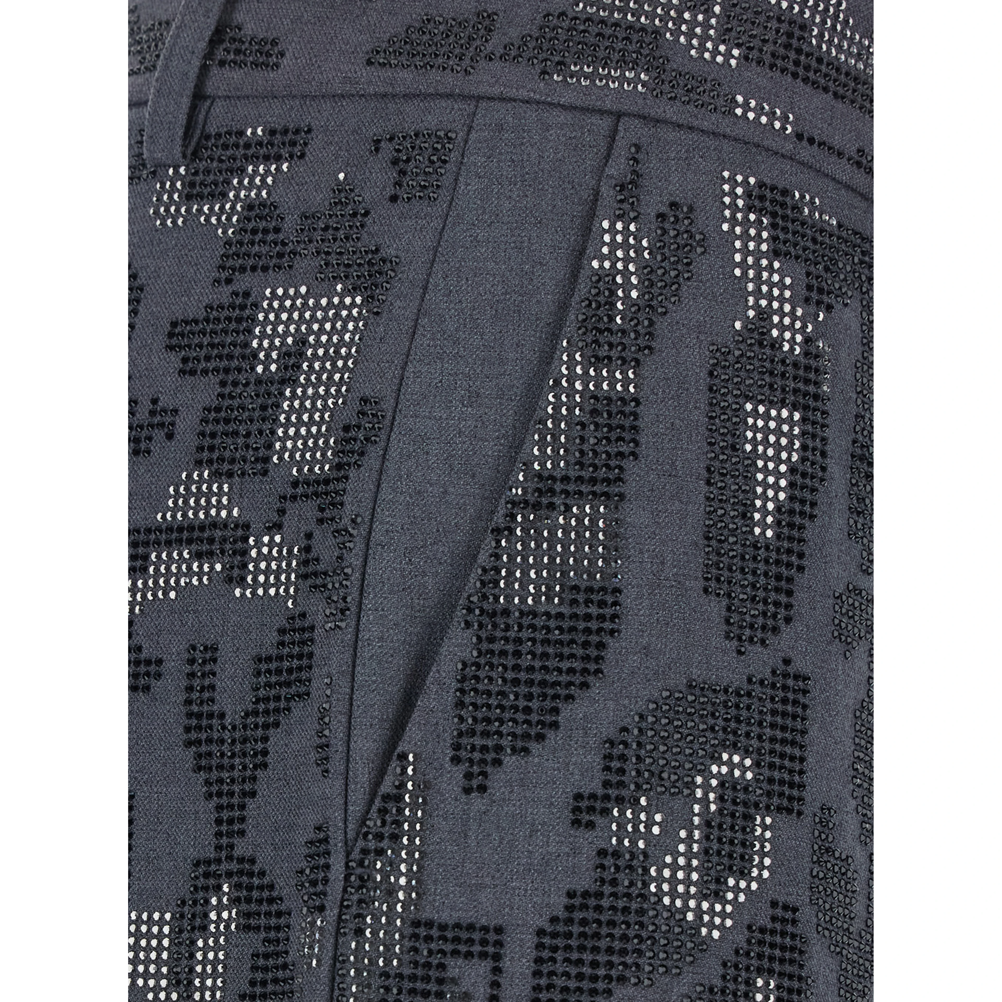Gray Wide Leg Trousers with Leopard Motif and Rhinestones in Stretch Tech Fabric for Women