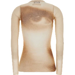 Beige T-Shirt with "Face" Print and Long Sleeves in Tech Fabric for Women