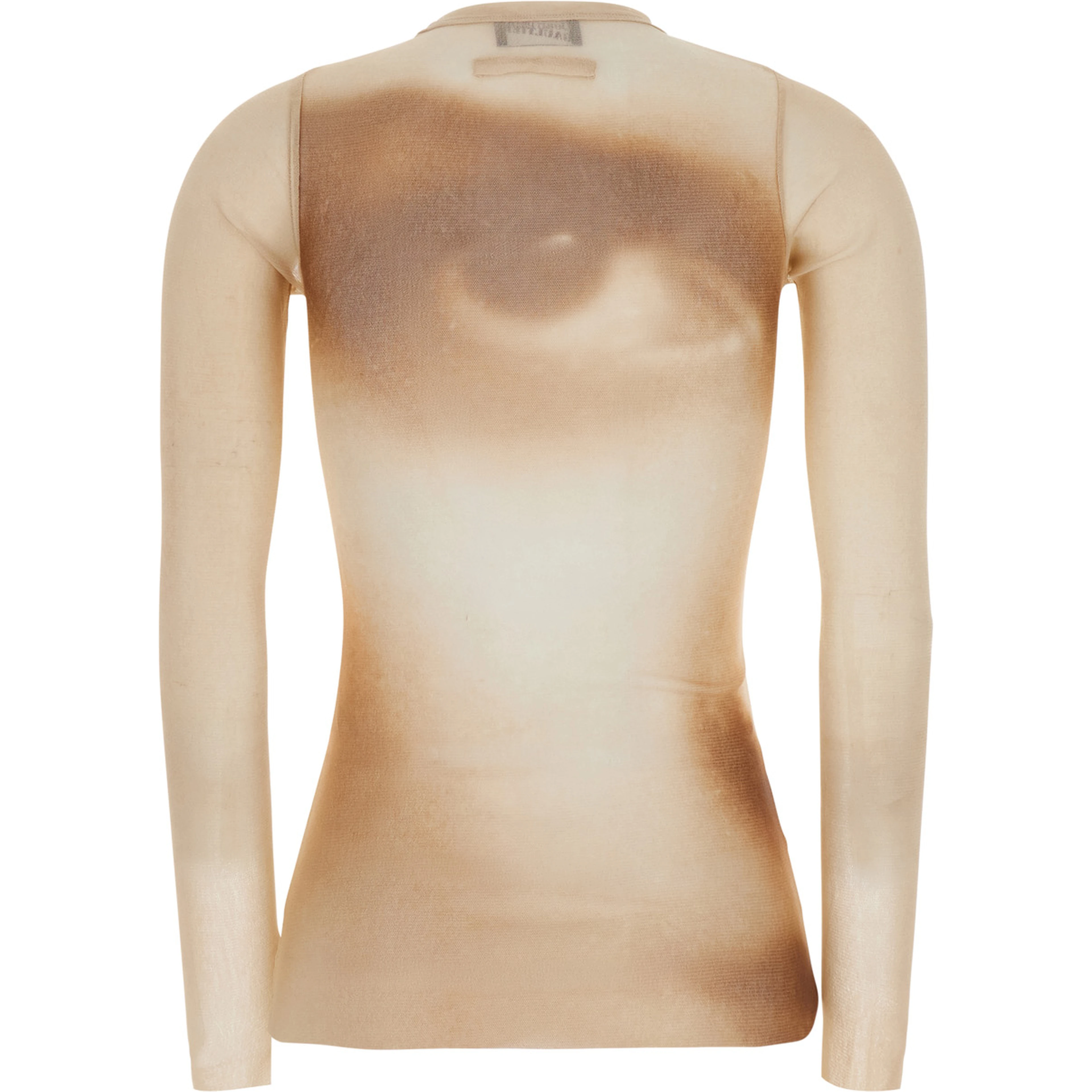 Beige T-Shirt with "Face" Print and Long Sleeves in Tech Fabric for Women
