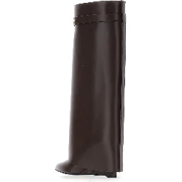 Pointed Toe Wedge Heels with Logo Plate on the Front in Brown Leather for Women