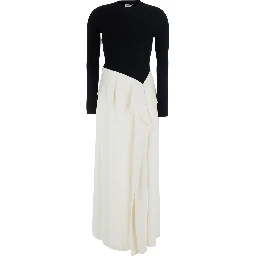 Black and white Long Dress with asymmetrical design skirt in Blend wool women
