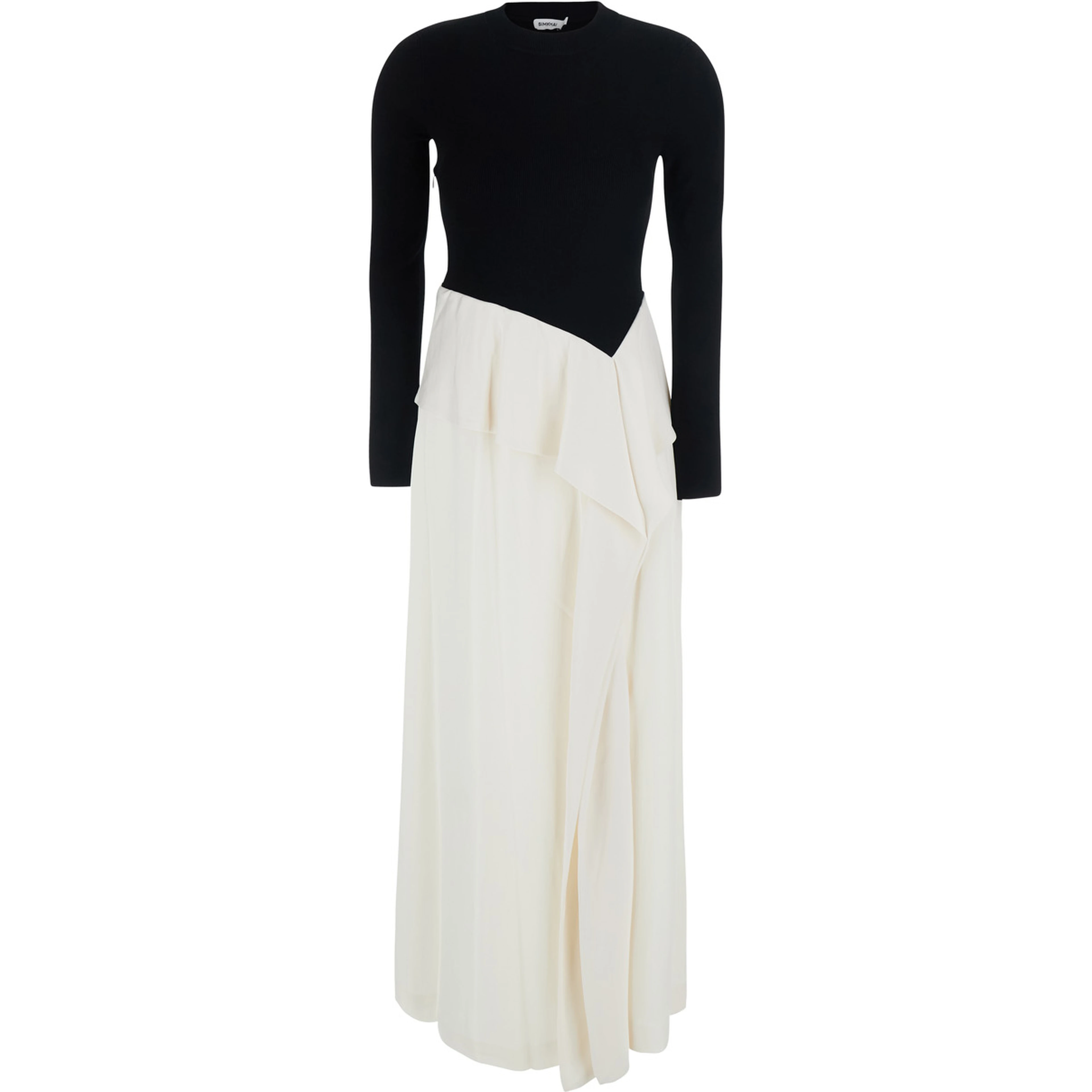 Black and white Long Dress with asymmetrical design skirt in Blend wool women