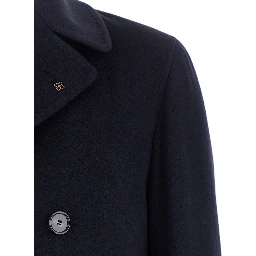 Blue Coat with Turned-down Collar and Button Front Closure in Wool Men