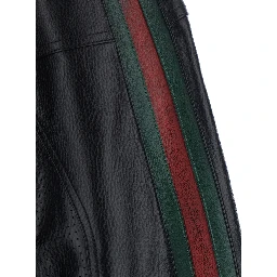black Jacket with high collar and Web Stripe on the sleeves in leather for men