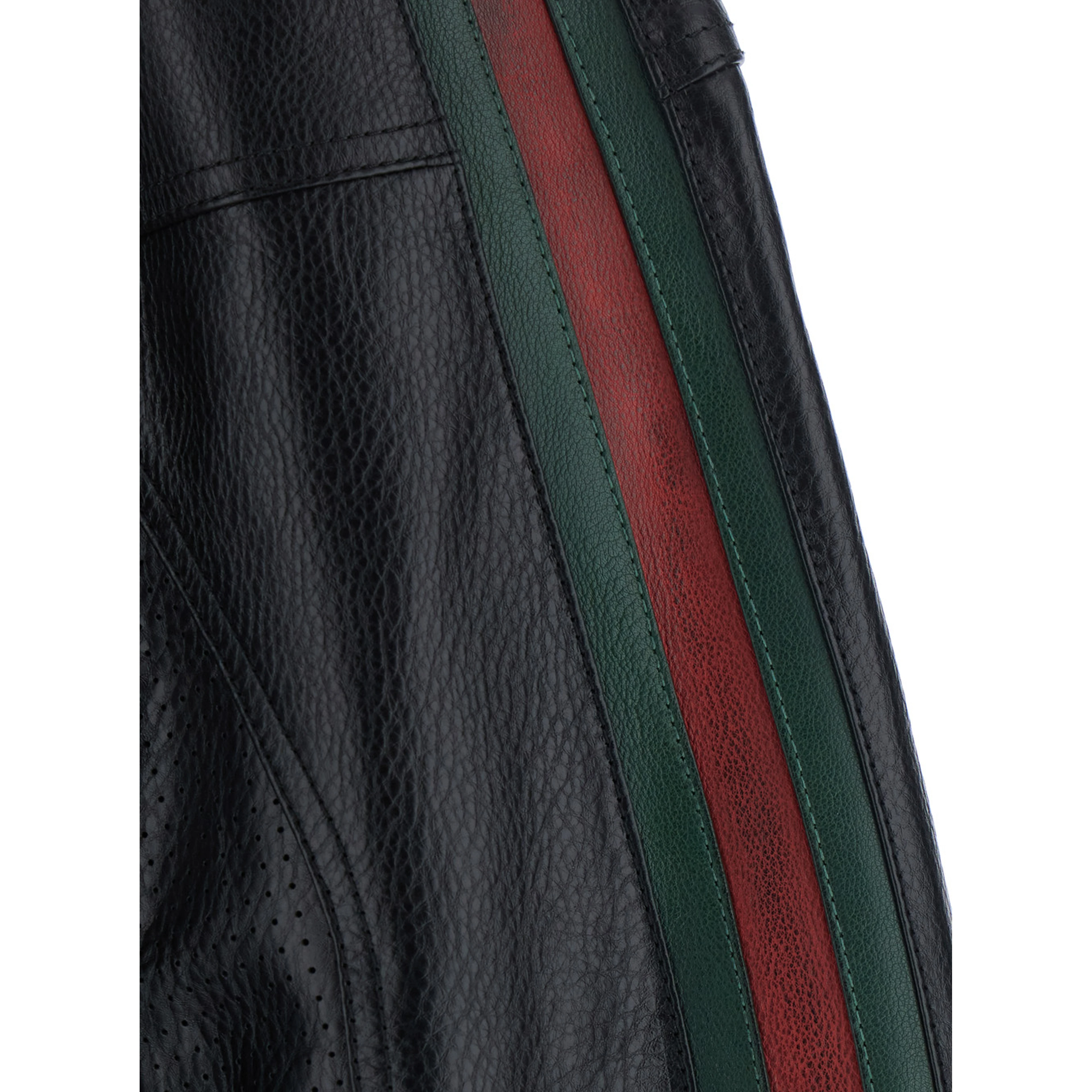 black Jacket with high collar and Web Stripe on the sleeves in leather for men
