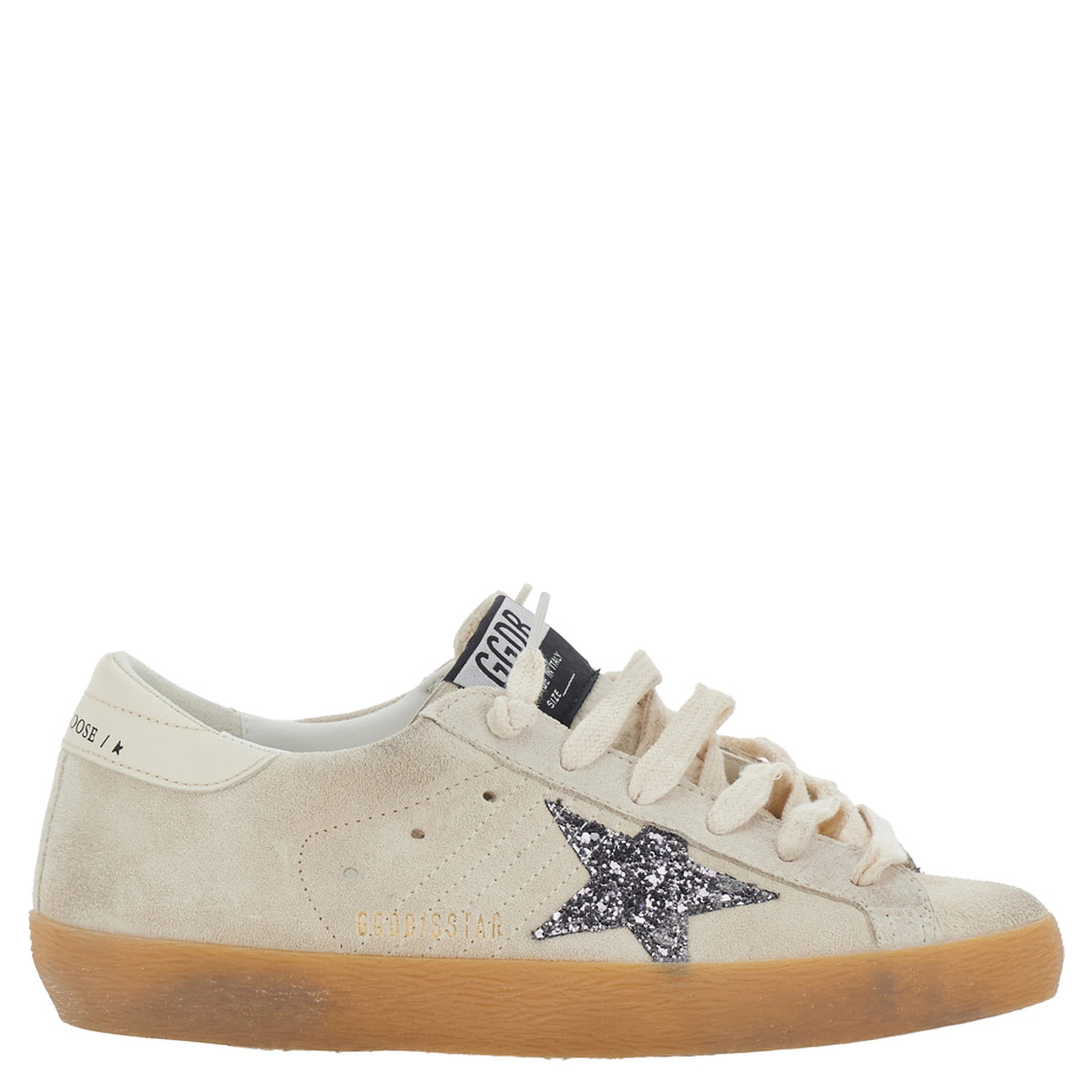Superstar Beige Low Top Sneakers with Glitter Star Patch and Logo Lettering on the Heel in Suede for Women