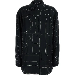 Black Shirt with classic collar and all-over monogram embroidery in silk for women