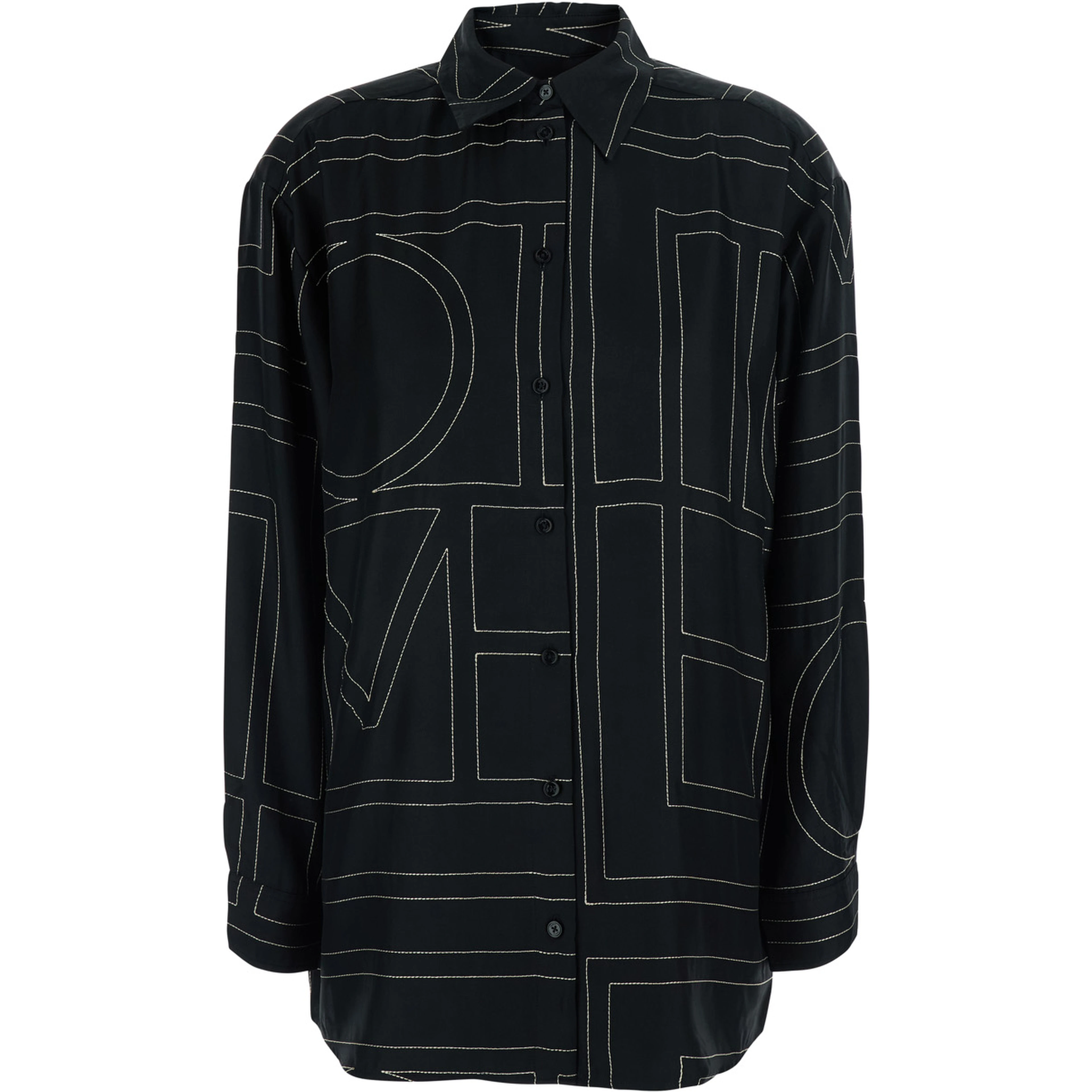 Black Shirt with classic collar and all-over monogram embroidery in silk for women