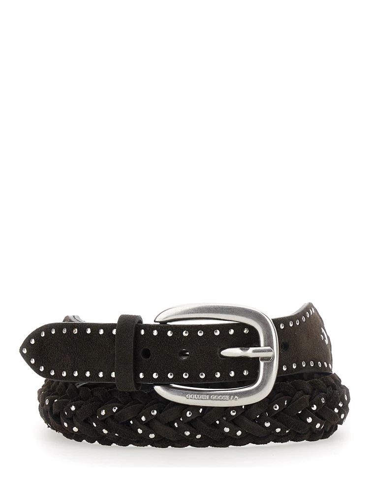 brown Belt with all-over braided design and applied beads in suede for women