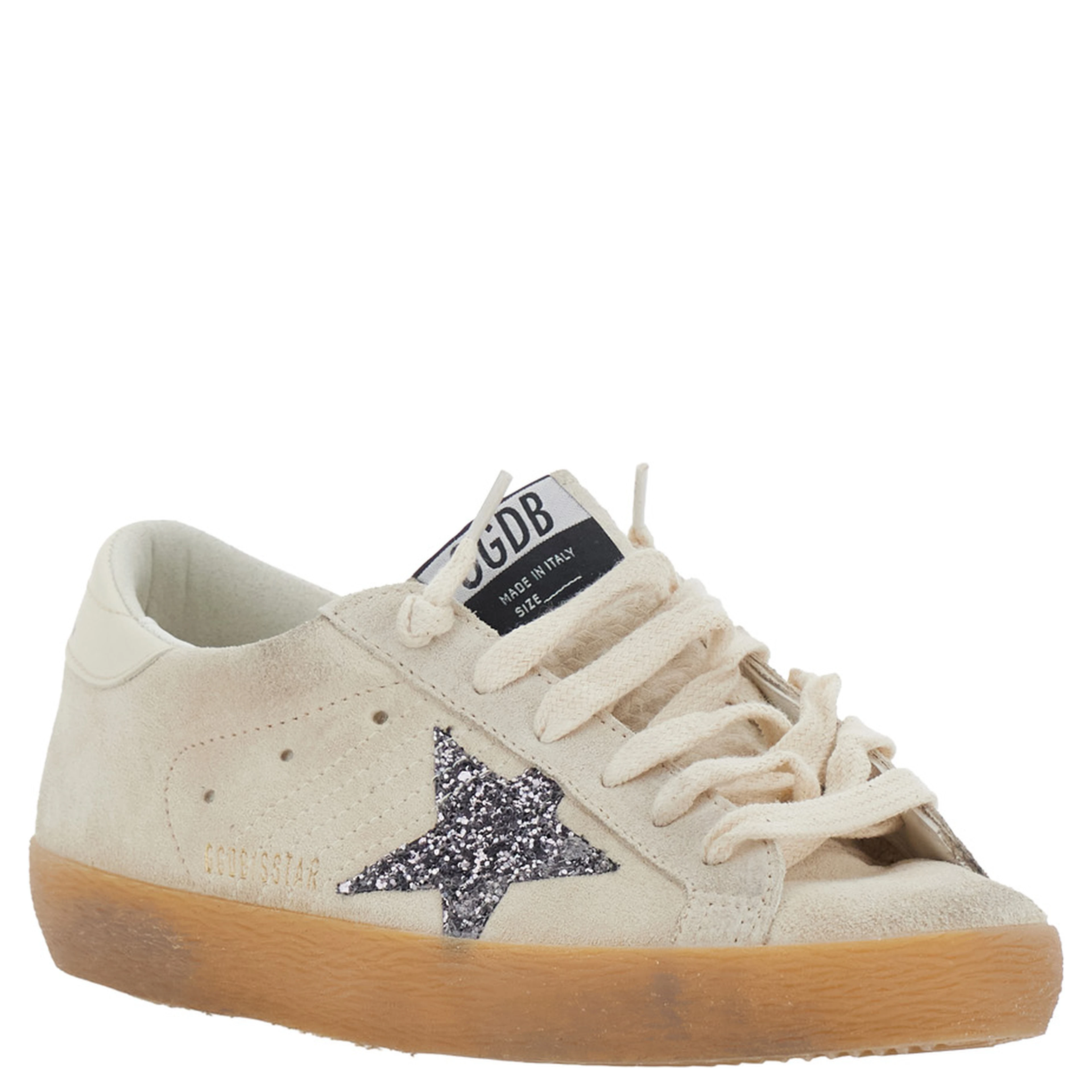 Superstar Beige Low Top Sneakers with Glitter Star Patch and Logo Lettering on the Heel in Suede for Women
