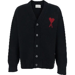 Cardigan with V-Neck and ADC Embroidery on Front in Black Wool for Men