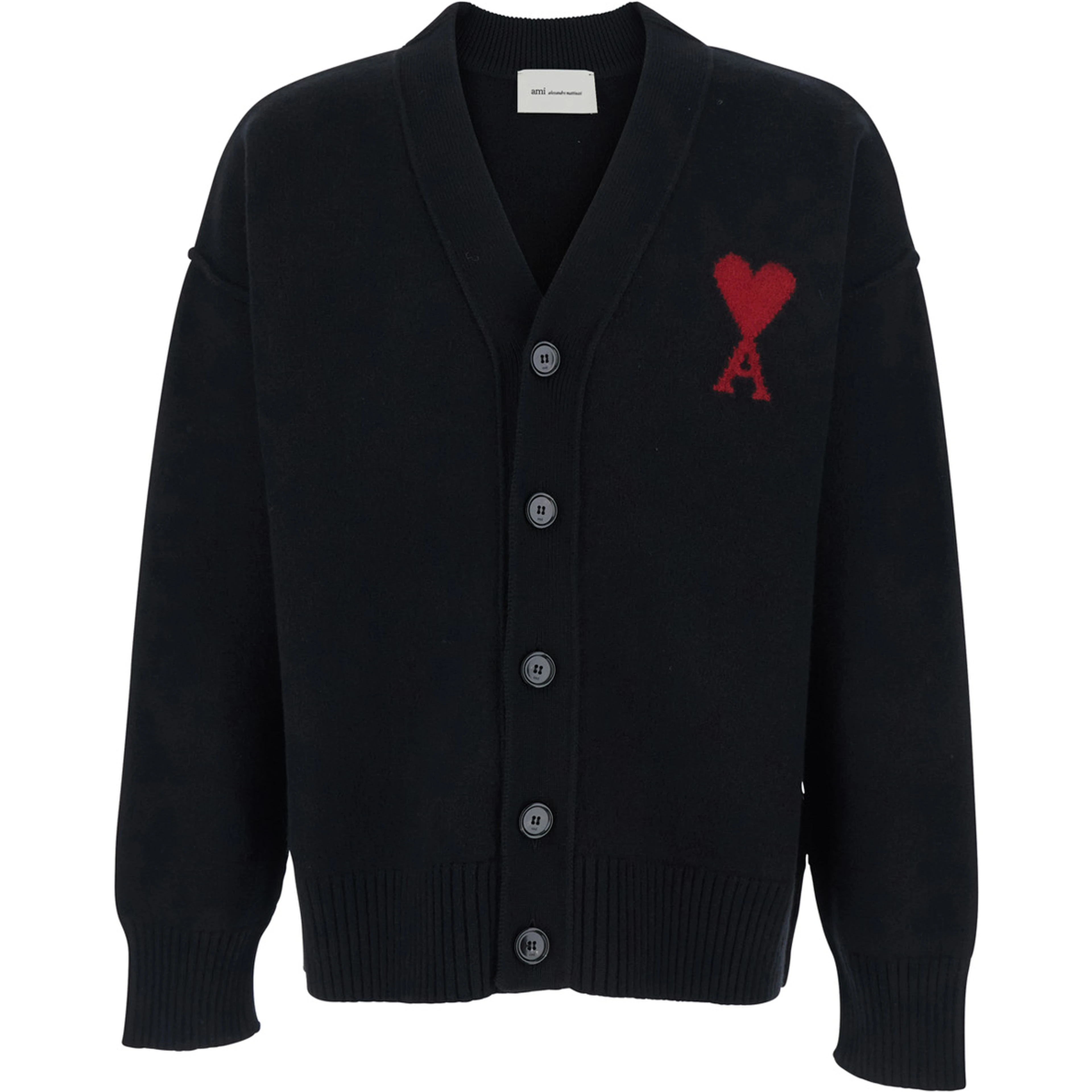 Cardigan with V-Neck and ADC Embroidery on Front in Black Wool for Men