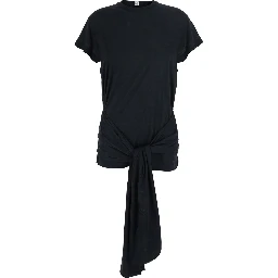 Black Top with round neckline and waist knot in Tech Fabric and Cotton for women