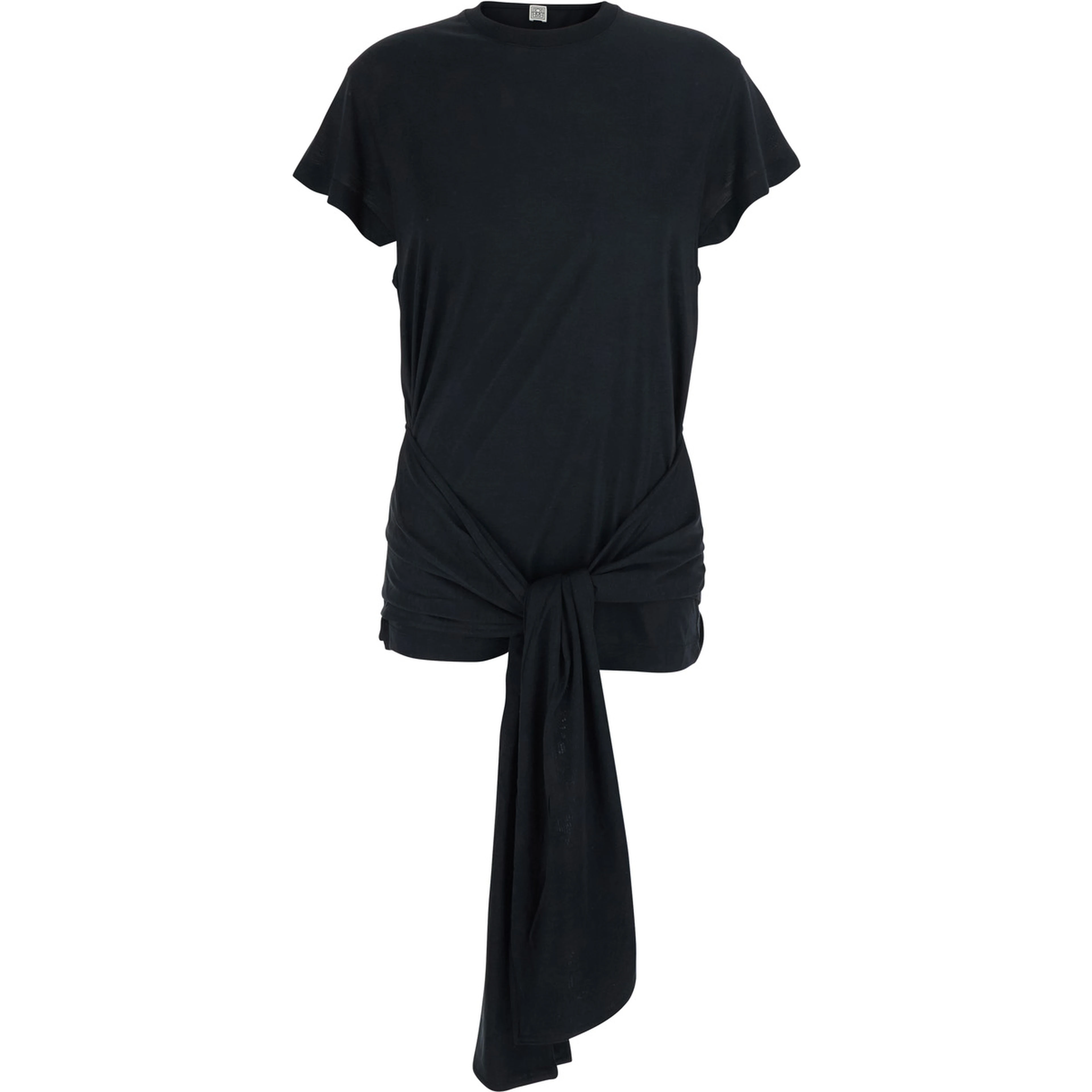 Black Top with round neckline and waist knot in Tech Fabric and Cotton for women