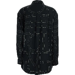 Black Shirt with classic collar and all-over monogram embroidery in silk for women