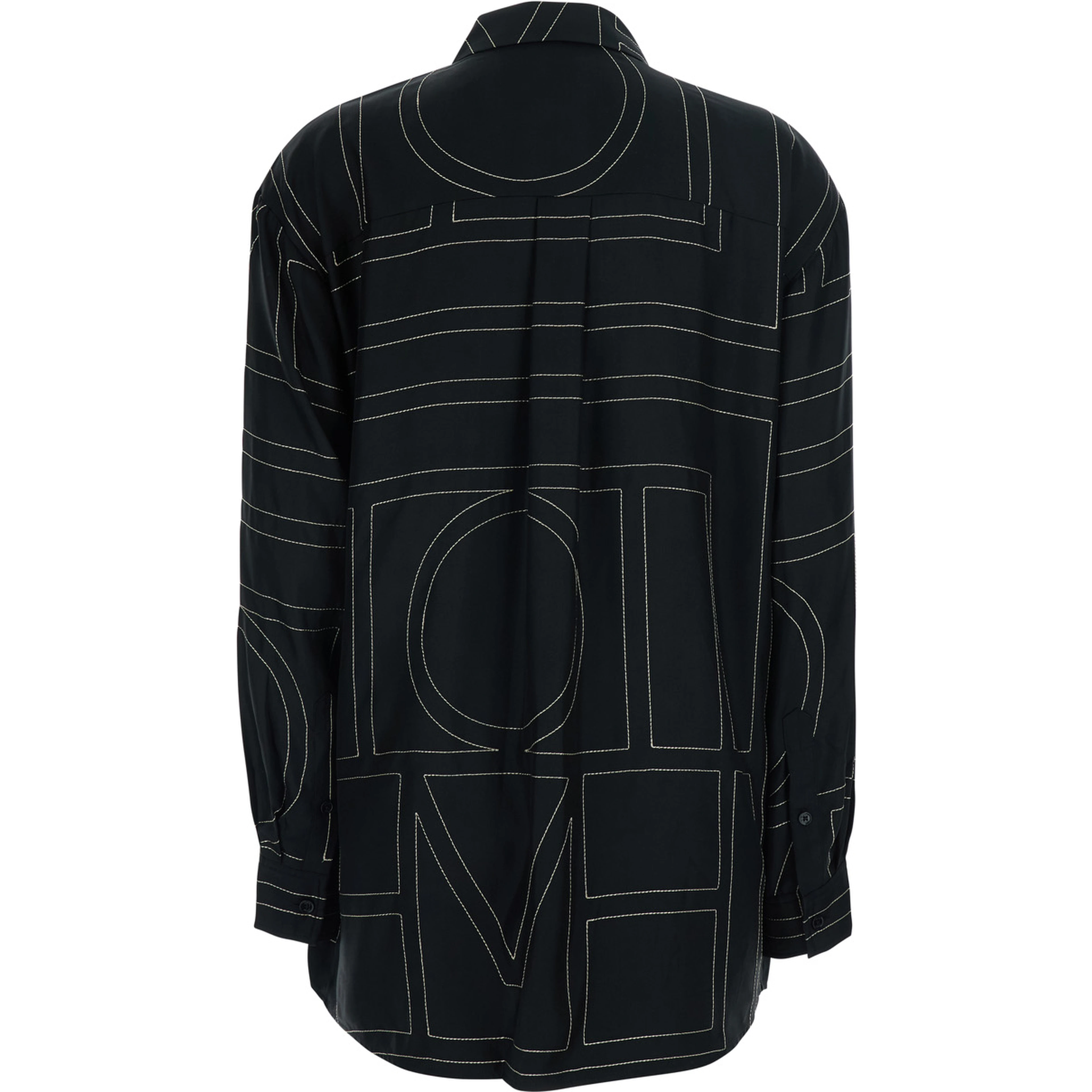Black Shirt with classic collar and all-over monogram embroidery in silk for women