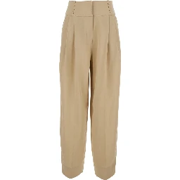 Beige Pants with hidden closure and front pleats in wool blend for women