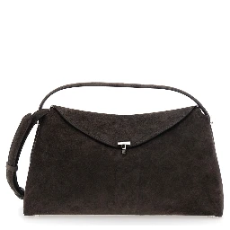 Brown Handbag with T Plate Closure and Removable Shoulder Strap in Suede for Women