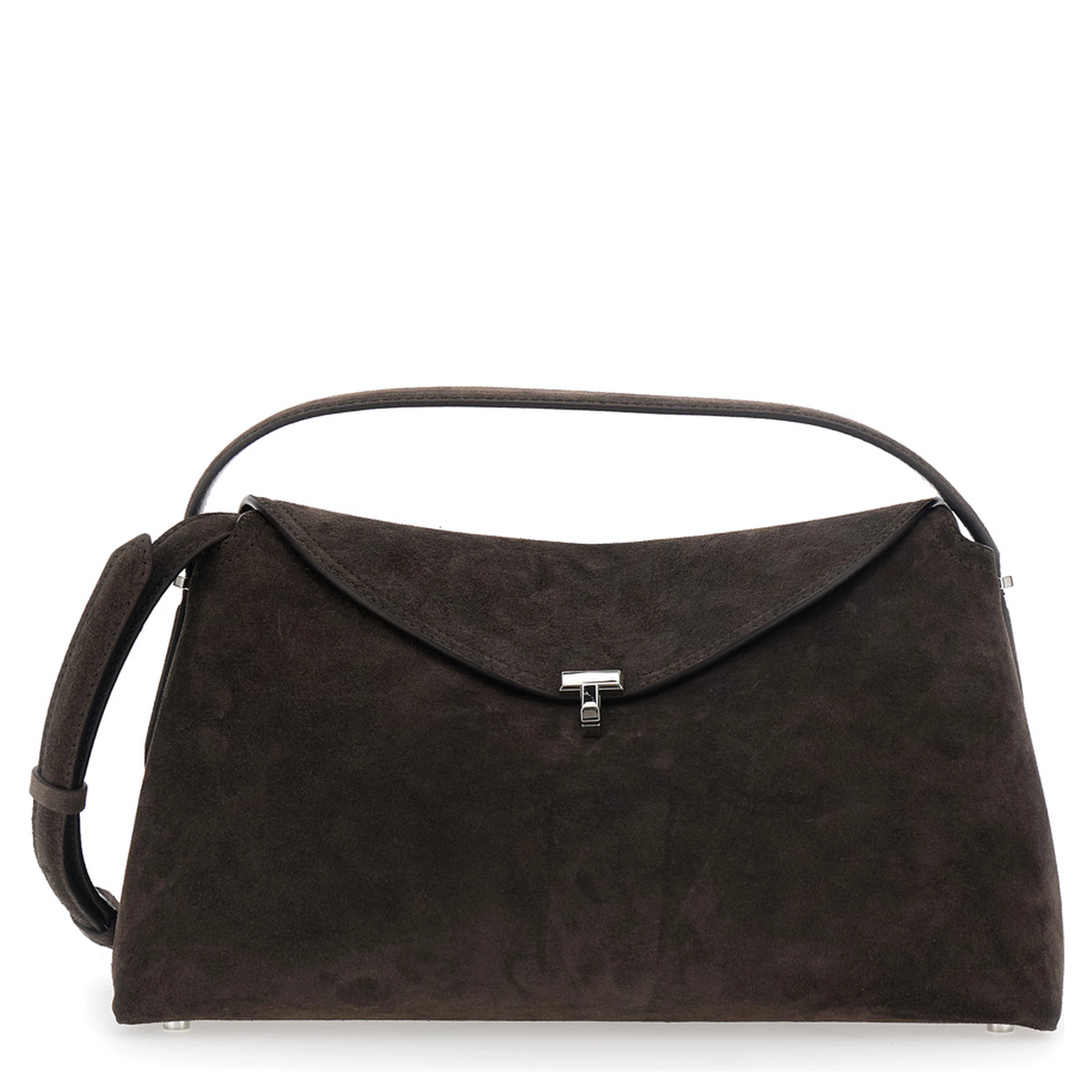 Brown Handbag with T Plate Closure and Removable Shoulder Strap in Suede for Women