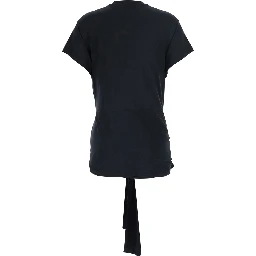 Black Top with round neckline and waist knot in Tech Fabric and Cotton for women