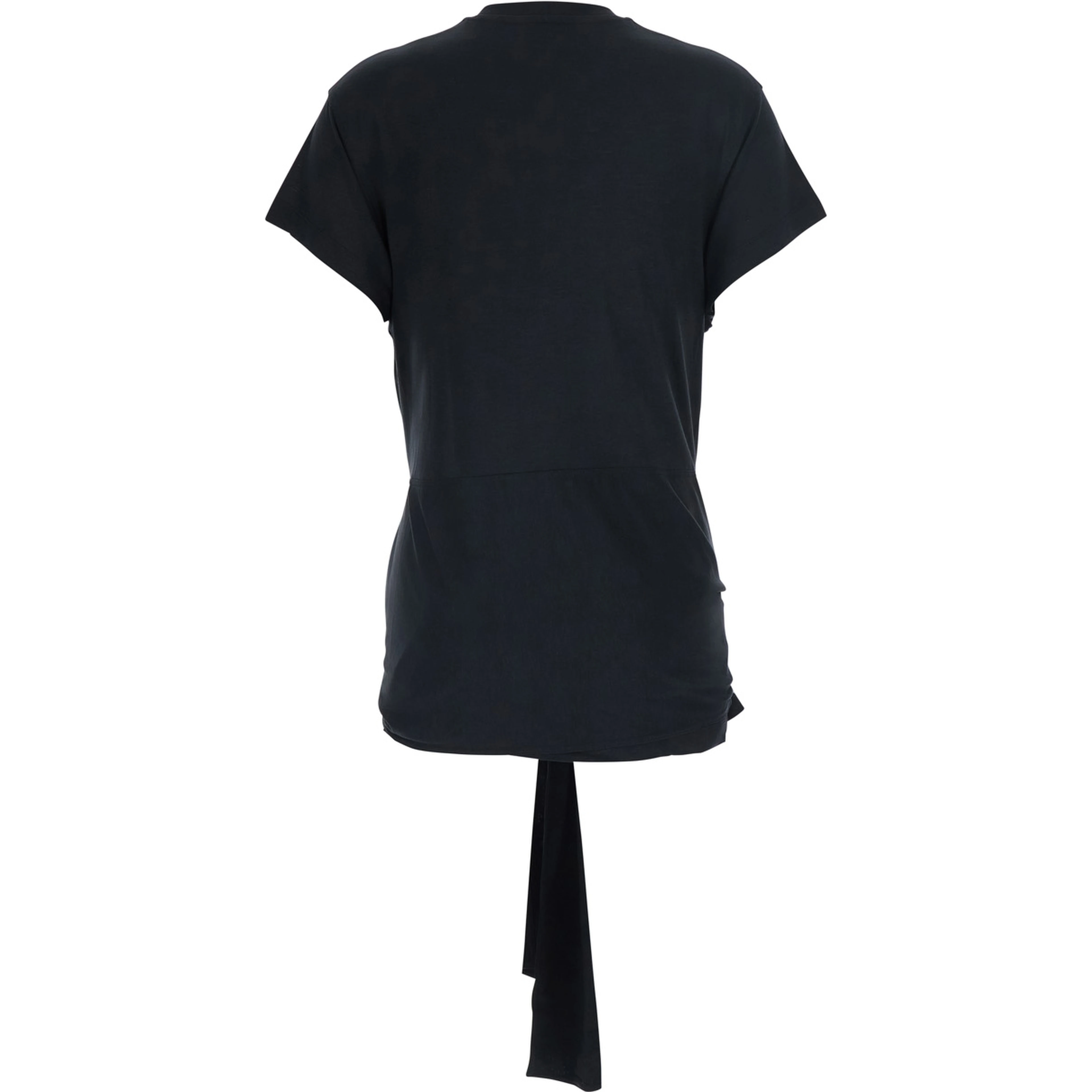 Black Top with round neckline and waist knot in Tech Fabric and Cotton for women