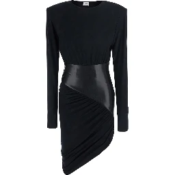 URSULA black Dress with ecoleather details and draped design in viscose for women